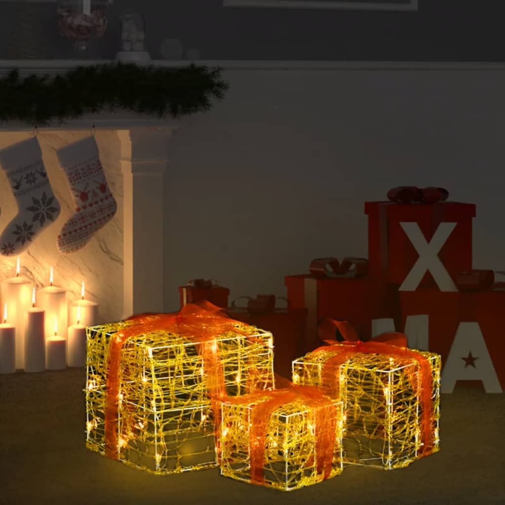 Cutii cadou de Crăciun decorative, 3 buc., alb cald, acril
