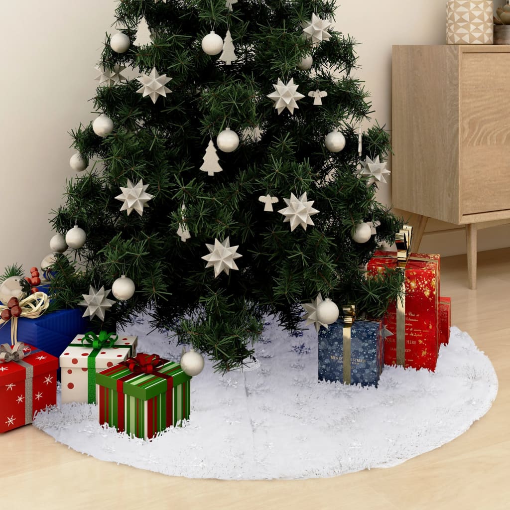Covor fustă brad Crăciun de lux, alb, 122 cm, blană artificială