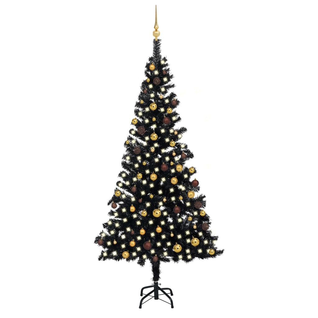 Set pom Crăciun artificial LED-uri&globuri, negru 240 cm PVC