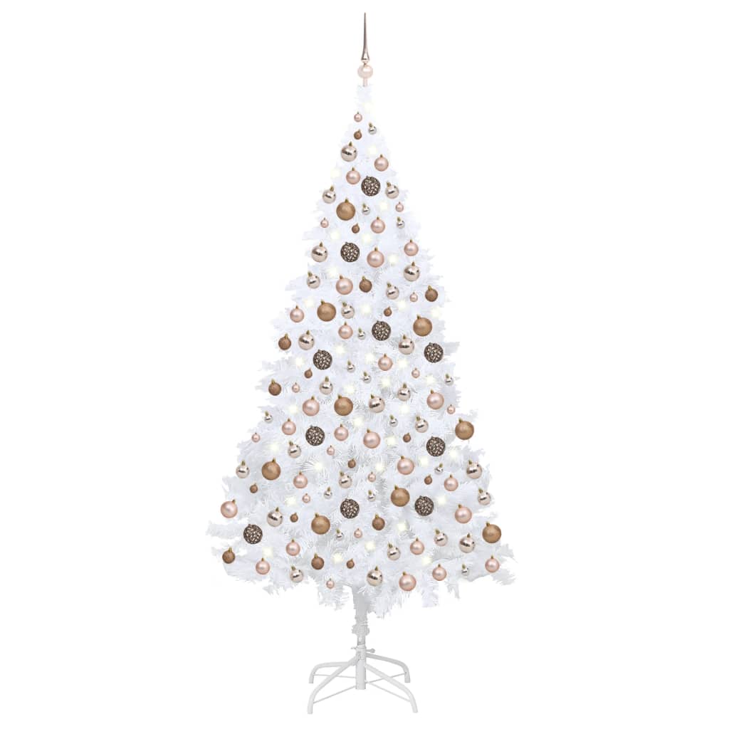 Set brad de Crăciun artficial cu LED-uri/globuri alb 210 cm PVC