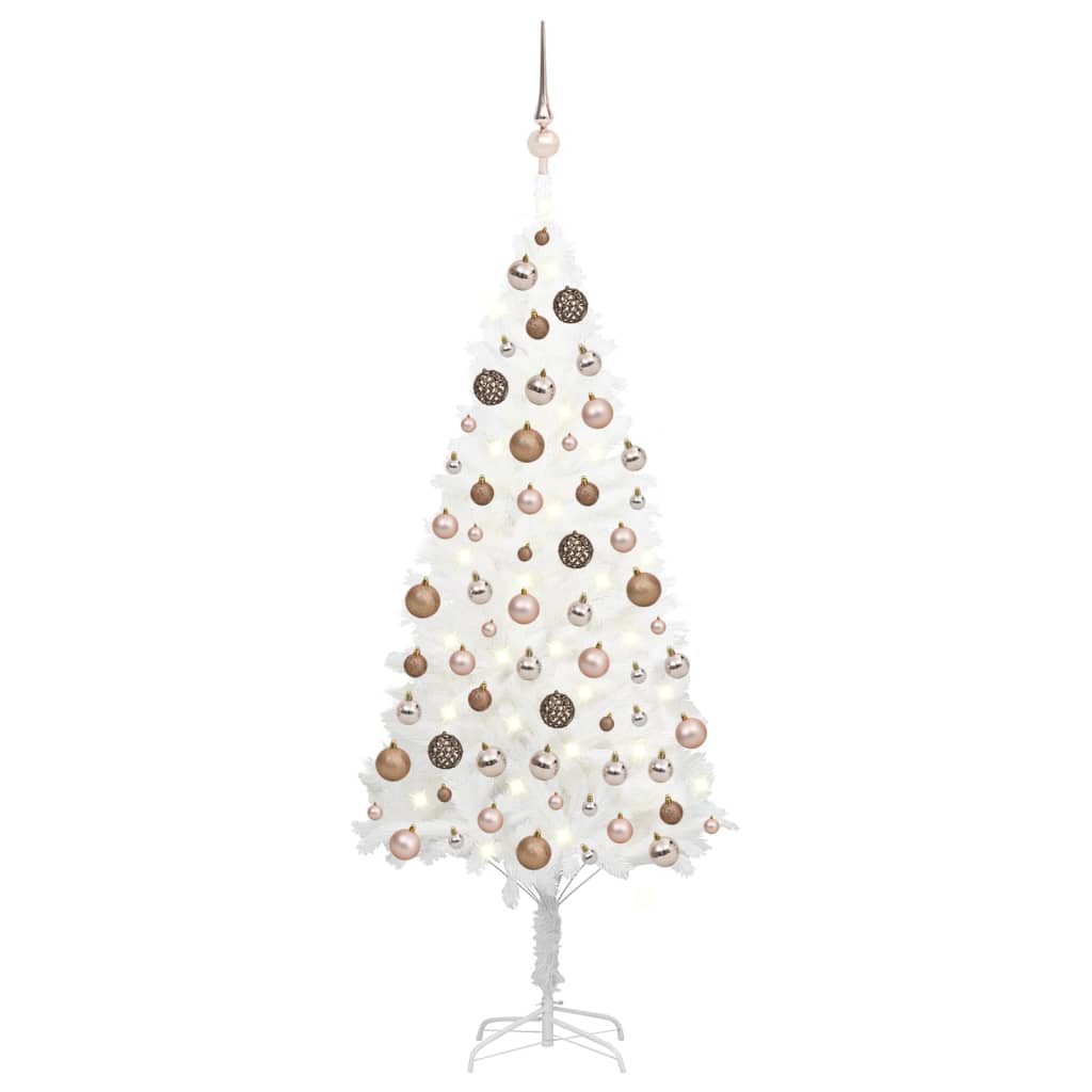 Set brad de Crăciun artificial cu LED-uri/globuri, alb, 180 cm