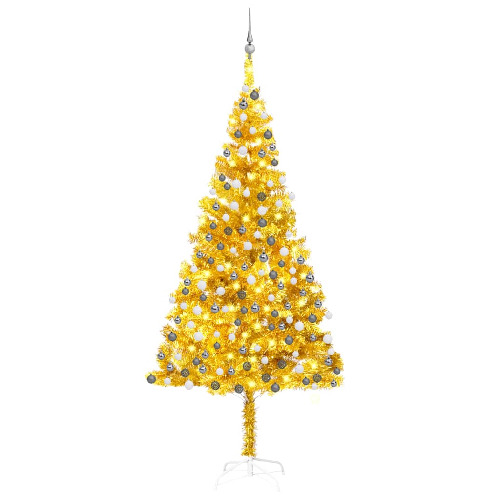 Brad de Crăciun artificial cu LED&globuri, auriu, 240 cm, PET