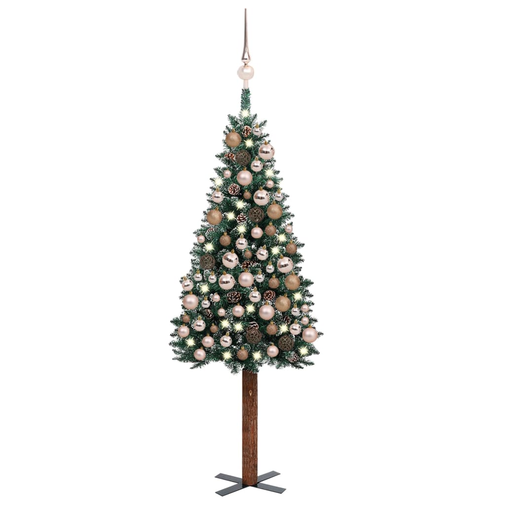 Set pom Crăciun subțire, LED-uri&globuri, verde, 150 cm