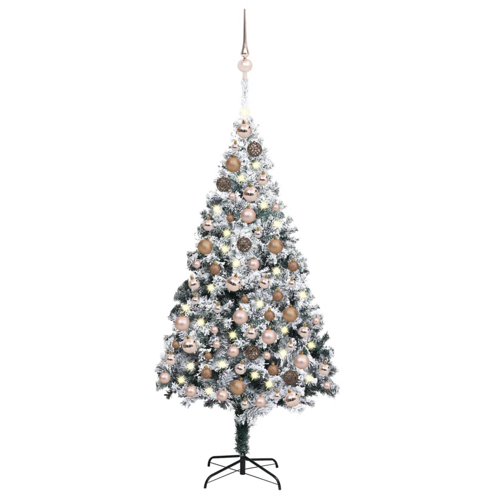 Set pom Crăciun artificial LED-uri&globuri, verde, 180 cm, PVC