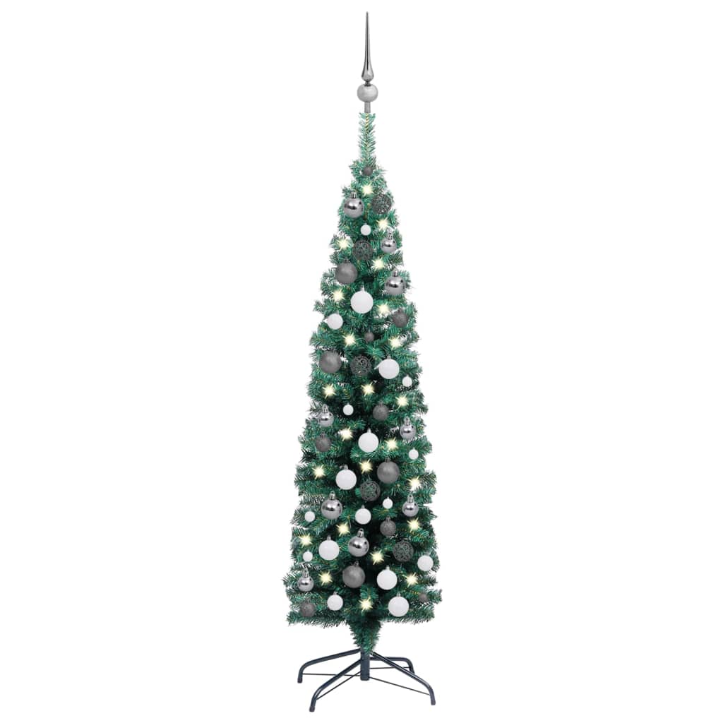 Brad Crăciun artificial subțire, LED-uri&globuri, verde, 120 cm