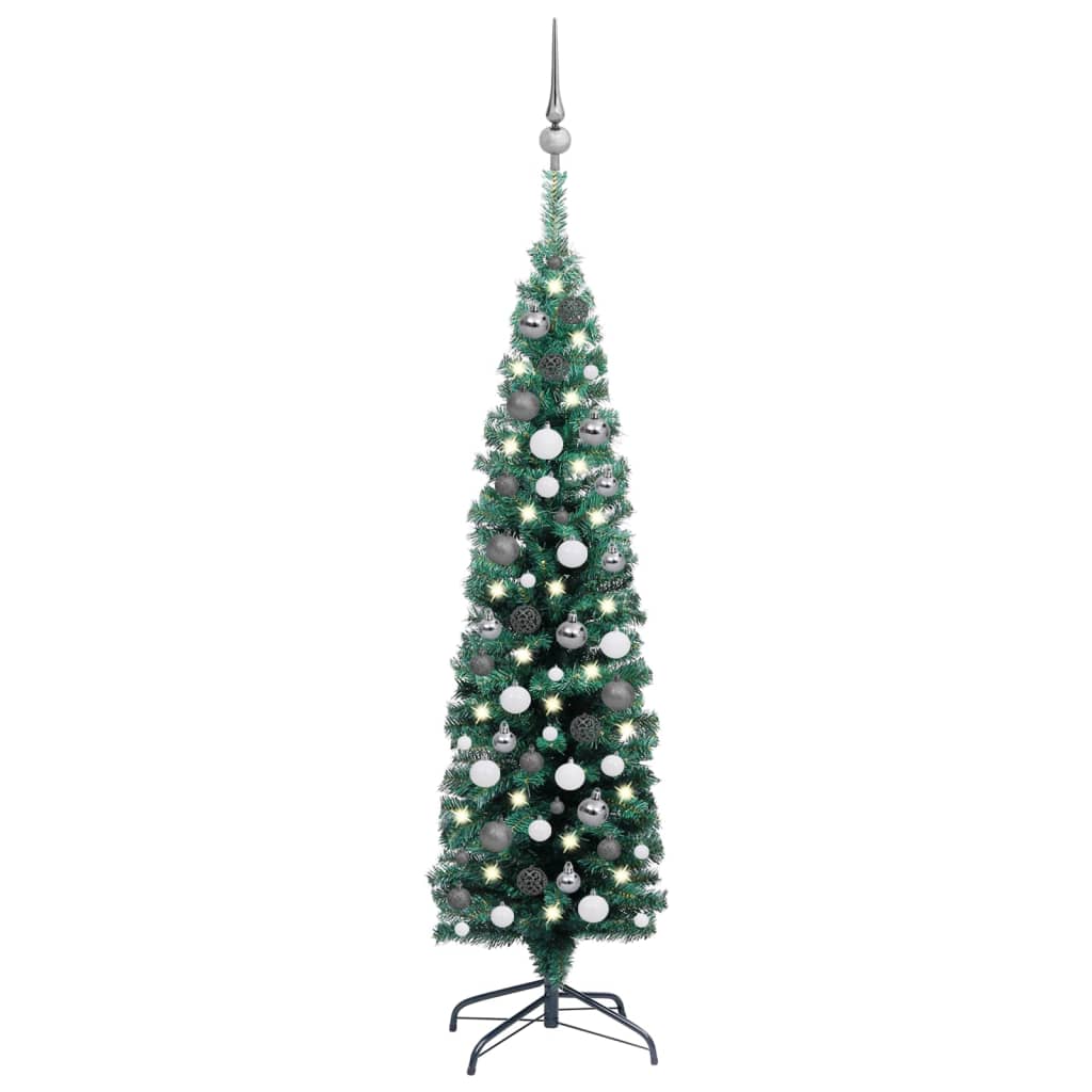 Brad de Crăciun artificial subțire LED-uri&globuri verde 150 cm
