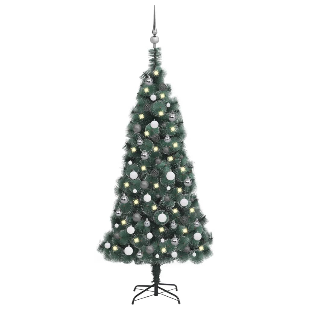 Brad Crăciun artificial cu LED-uri&globuri, verde 150 cm PVC&PE