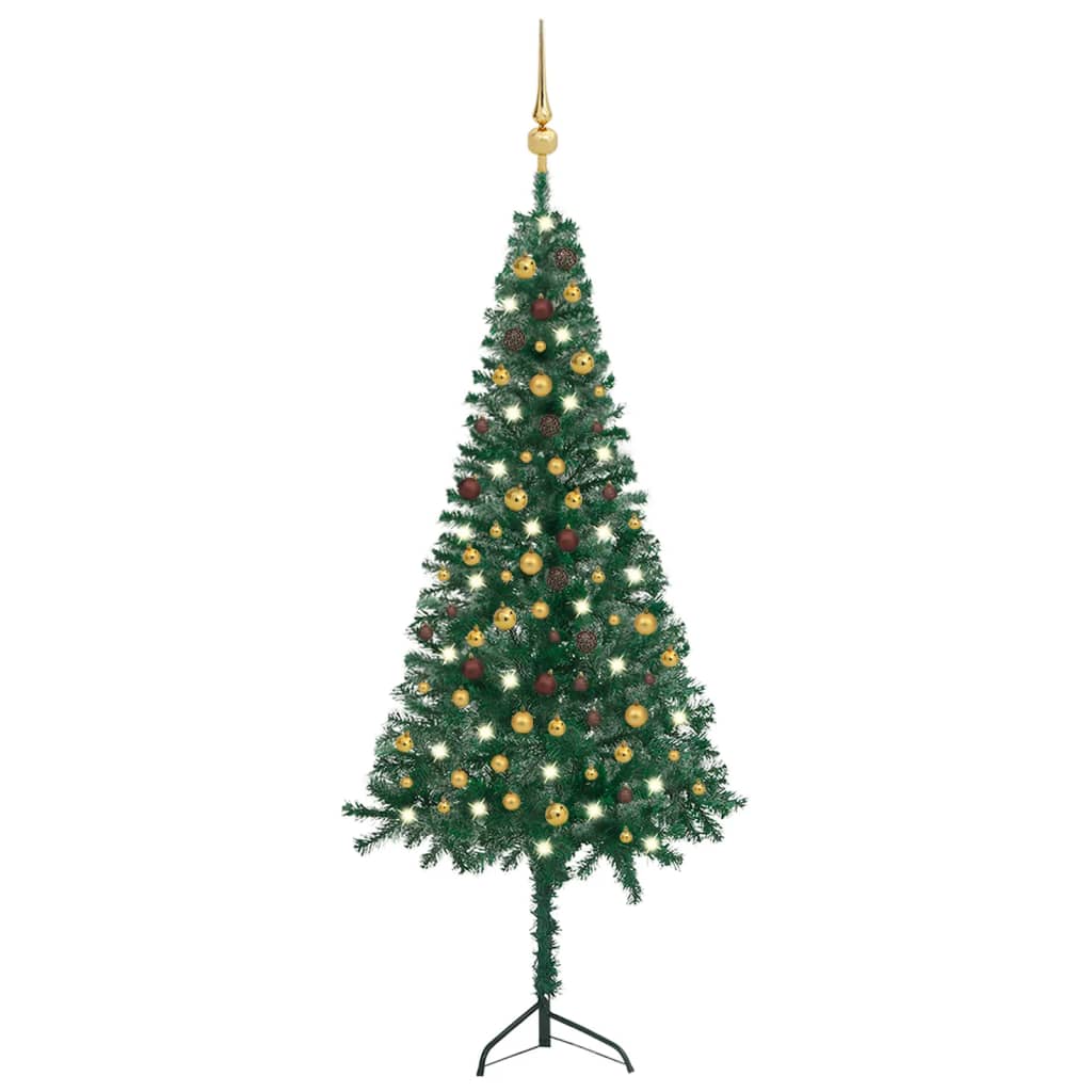 Set pom Crăciun artificial pe colț LED&globuri verde 240 cm PVC