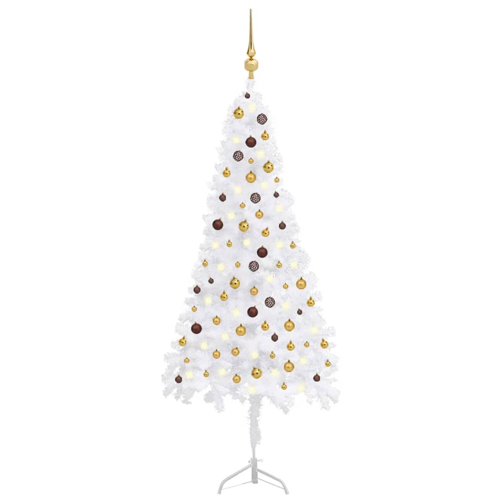 Set brad Crăciun artificial de colț LED&globuri alb 240 cm PVC