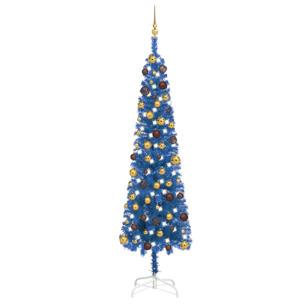 Set pom de Crăciun subțire cu LED-uri/globuri albastru 240 cm