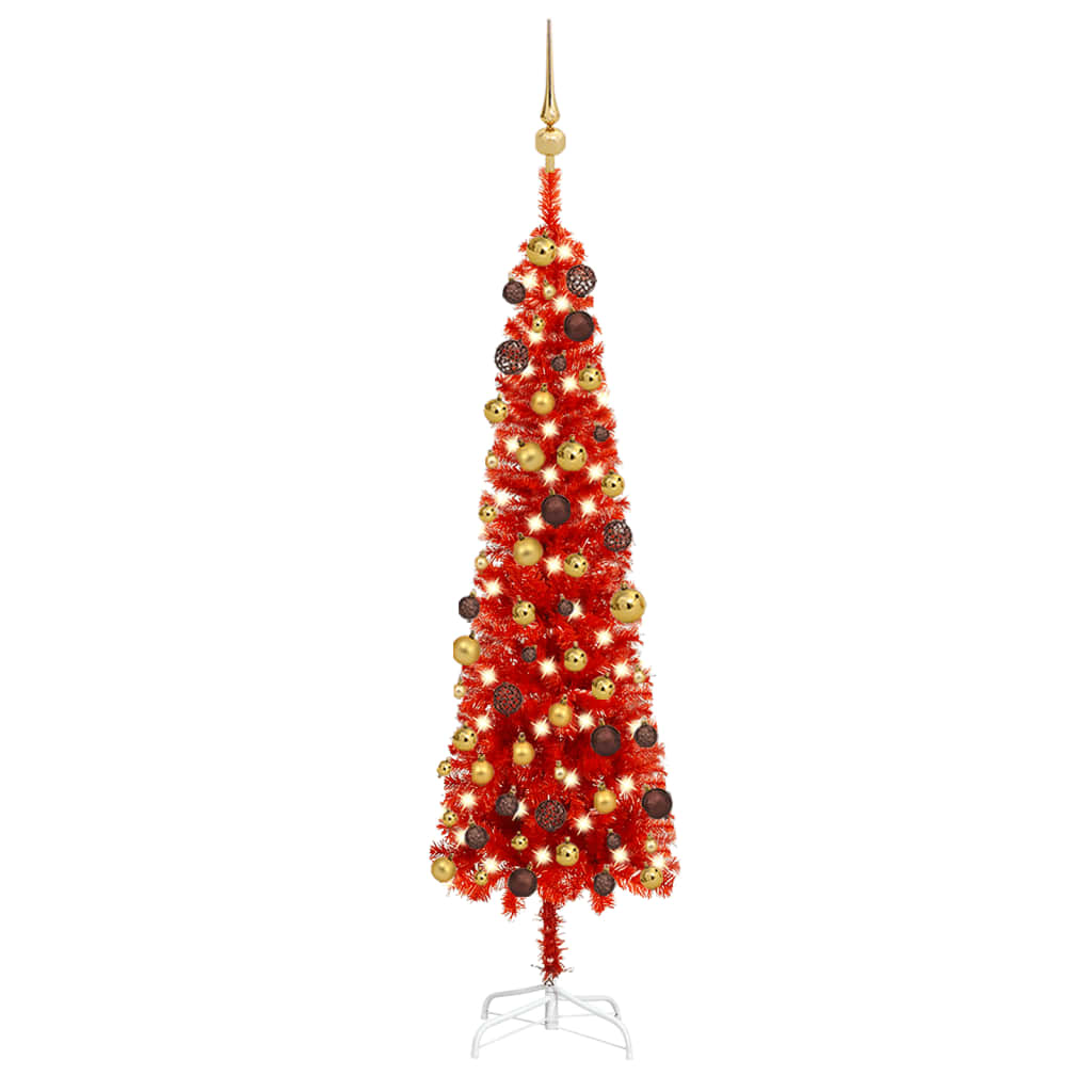 Set pom de Crăciun subțire cu LED-uri și globuri, roșu, 150 cm
