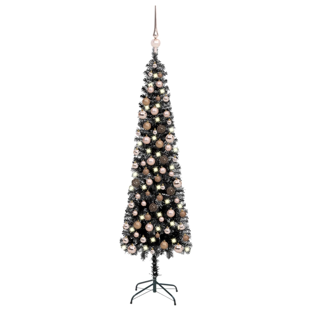Set brad de Crăciun subțire cu LED-uri și globuri negru 120 cm