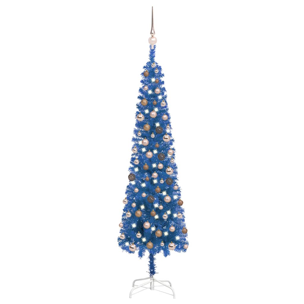 Set pom de Crăciun subțire cu LED-uri/globuri albastru 180 cm