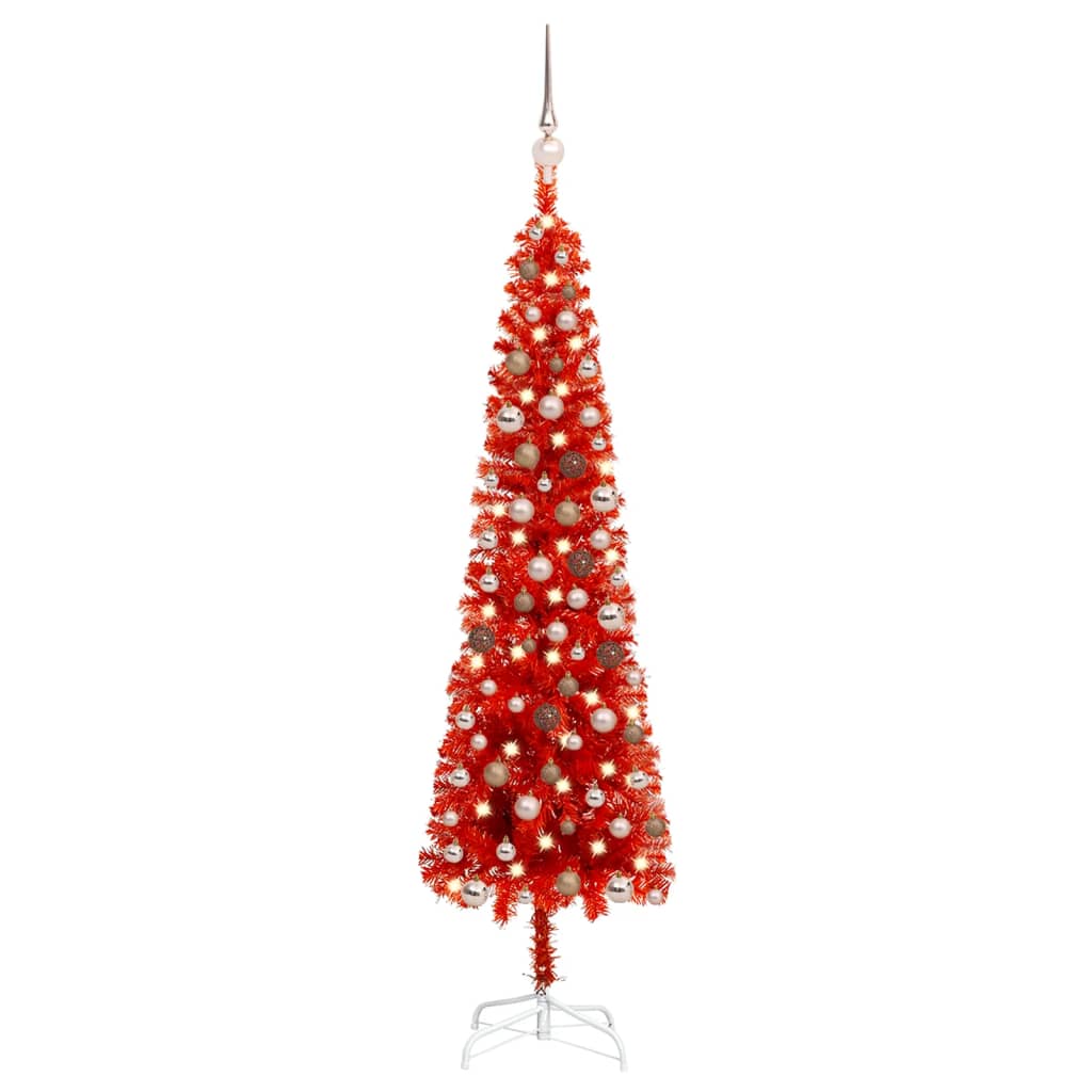 Set pom de Crăciun subțire cu LED-uri și globuri, roșu, 150 cm