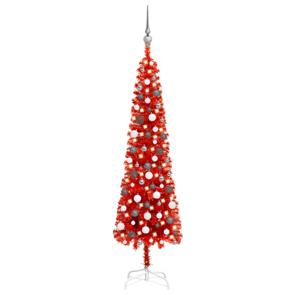 Set pom de Crăciun subțire cu LED-uri și globuri, roșu, 180 cm