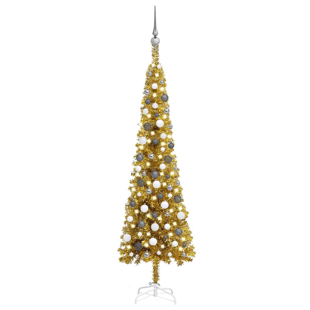 Brad de Crăciun subțire cu LED-uri și globuri, auriu, 180 cm