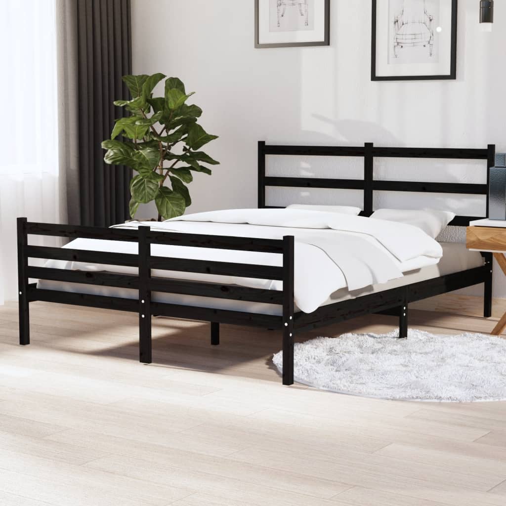 Cadru de pat dublu 4FT6, negru, 135x190 cm, lemn masiv pin