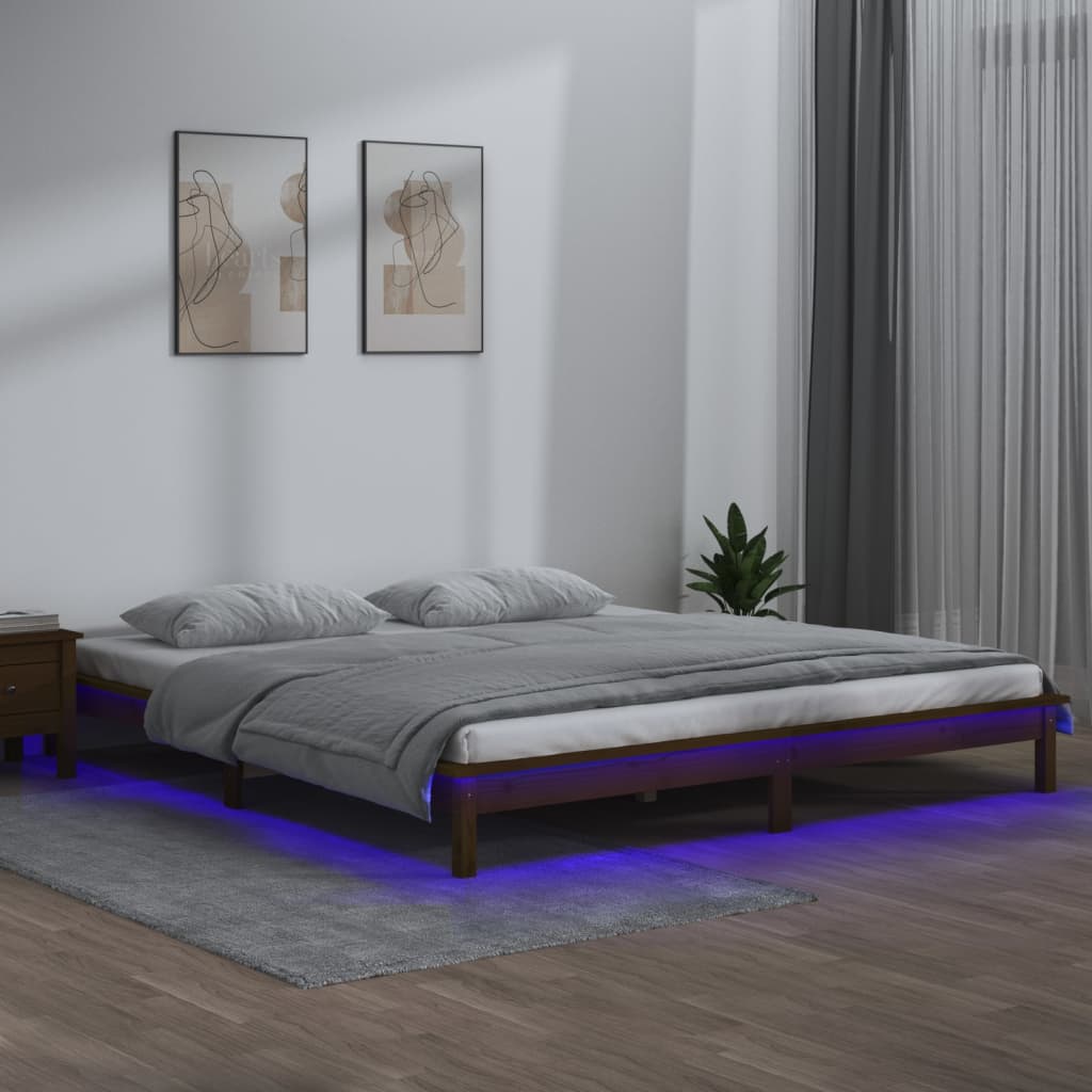 Cadru de pat cu LED dublu 4FT6 maro miere 135x190 cm lemn masiv