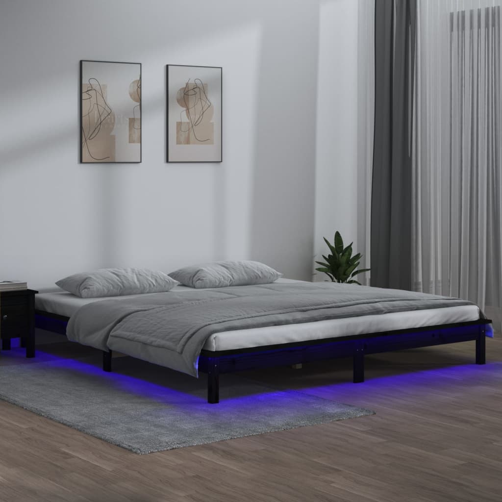 Cadru de pat cu LED dublu 4FT6, negru, 135x190 cm, lemn masiv
