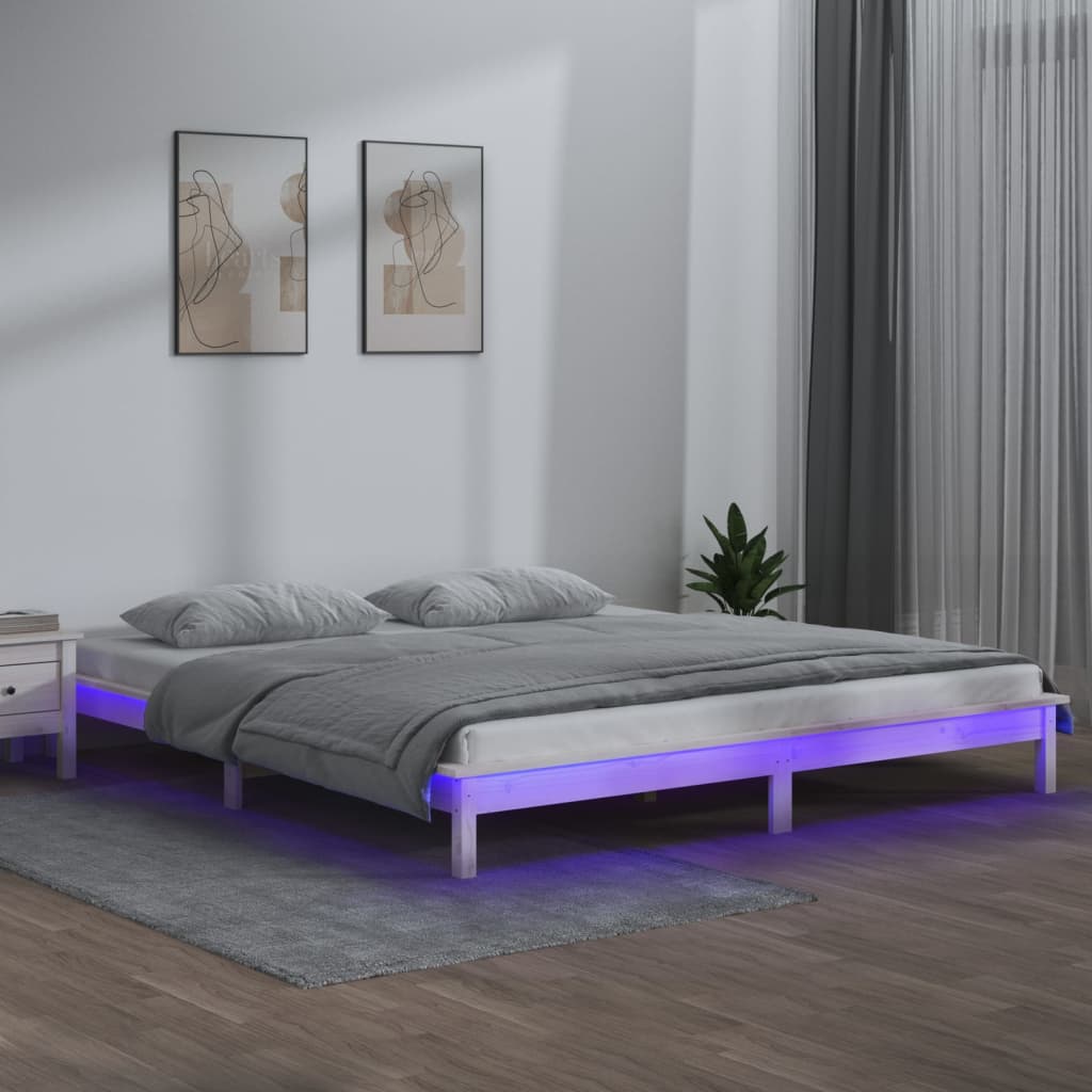 Cadru de pat cu LED, alb, 140x190 cm, lemn masiv