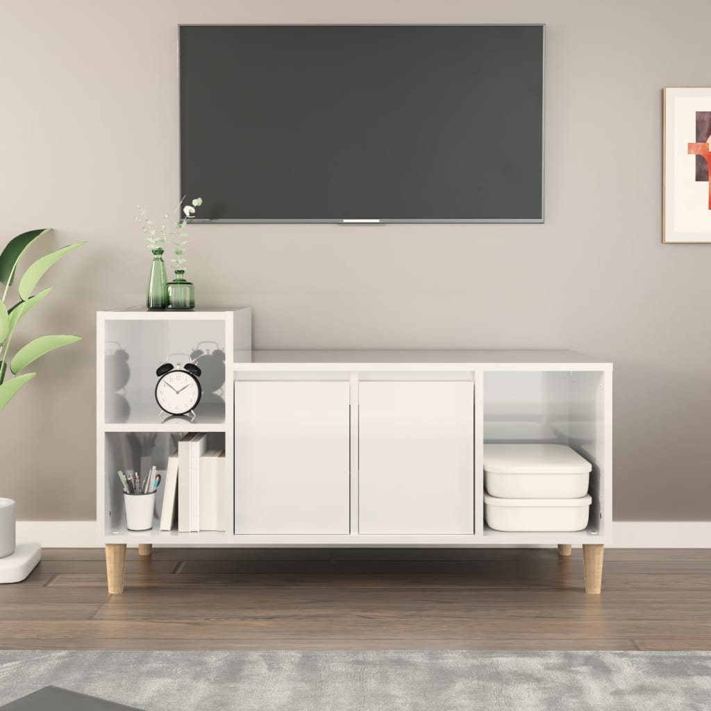 Comodă TV, alb extralucios, 100x35x55 cm, lemn prelucrat