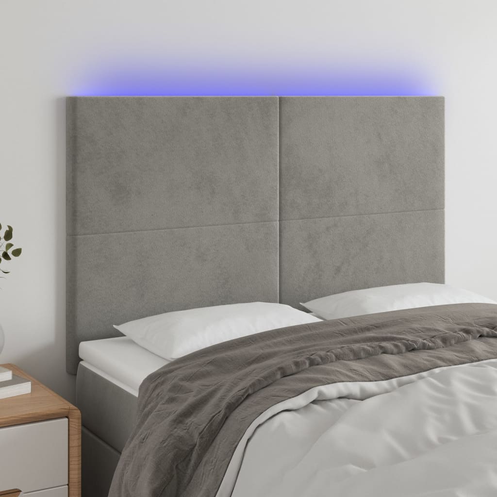 Tăblie de pat cu LED, gri deschis, 144x5x118/128 cm, catifea