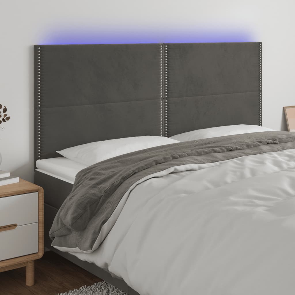 Tăblie de pat cu LED, gri închis, 160x5x118/128 cm, catifea
