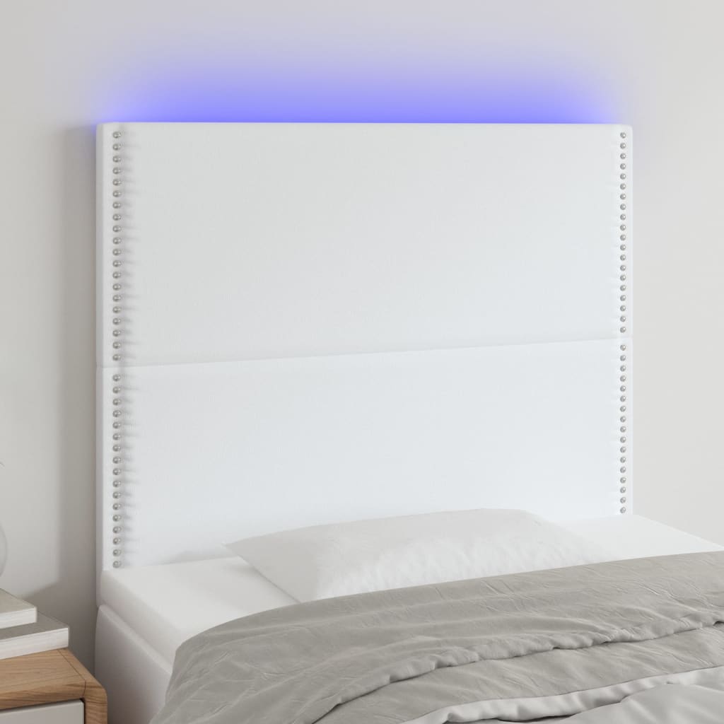 Tăblie de pat cu LED, alb, 80x5x118/128 cm, piele ecologică