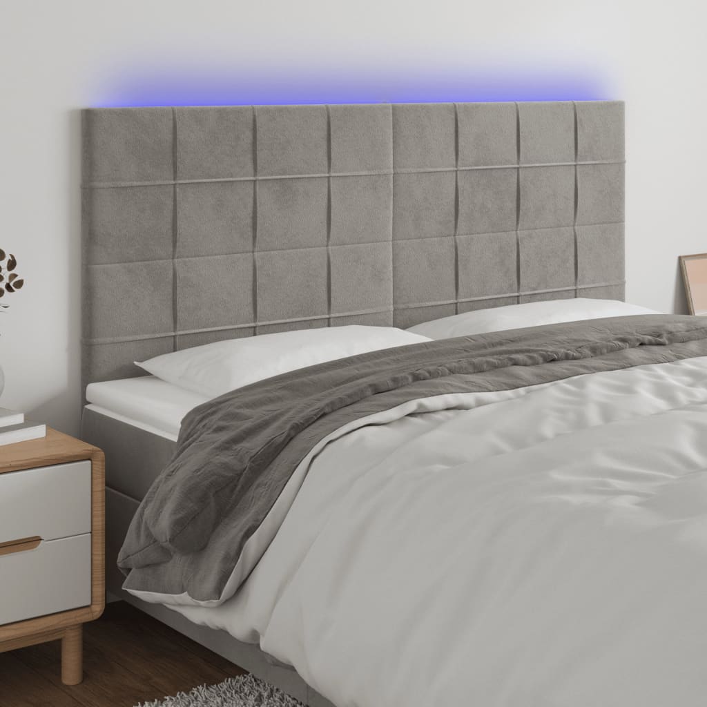 Tăblie de pat cu LED, gri deschis, 180x5x118/128 cm, catifea