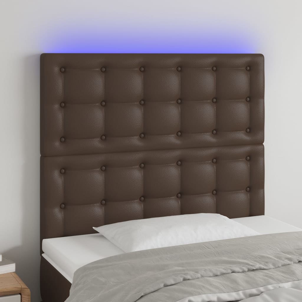 Tăblie de pat cu LED, maro, 90x5x118/128 cm, piele ecologică