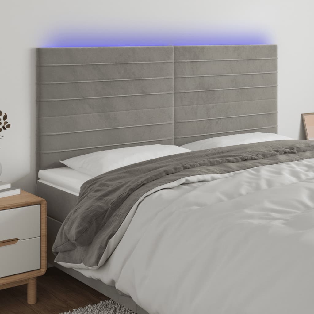 Tăblie de pat cu LED, gri deschis, 160x5x118/128 cm, catifea