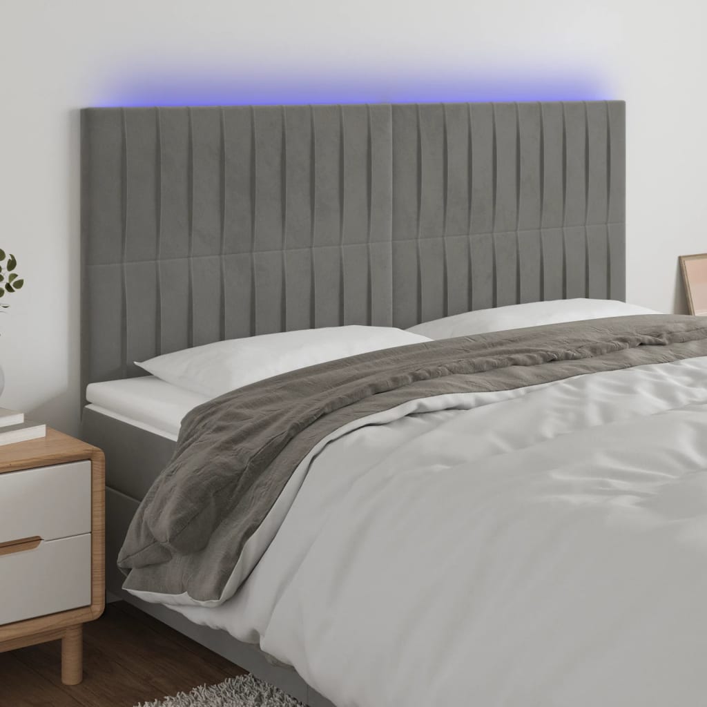 Tăblie de pat cu LED, gri deschis, 160x5x118/128 cm, catifea
