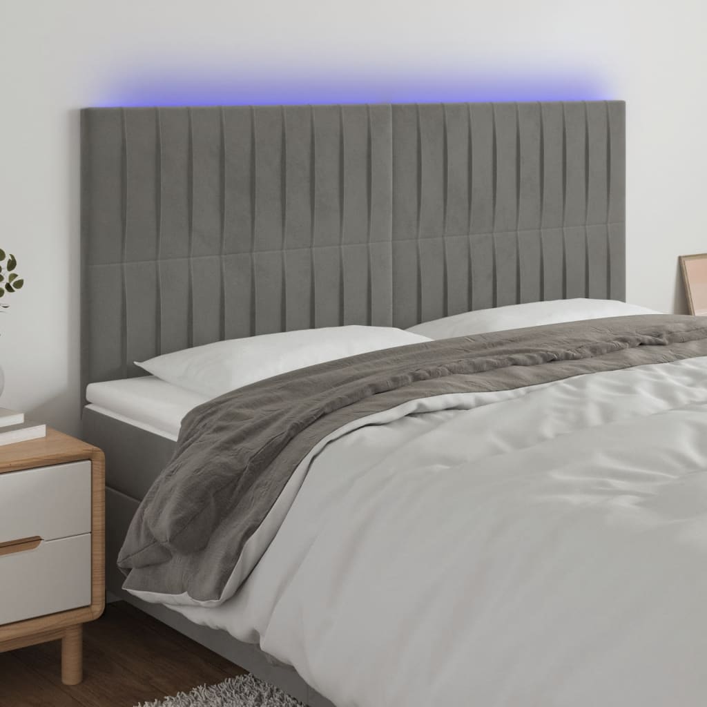 Tăblie de pat cu LED, gri deschis, 180x5x118/128 cm, catifea