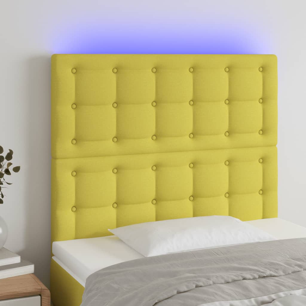 Tăblie de pat cu LED, verde, 90x5x118/128 cm, textil