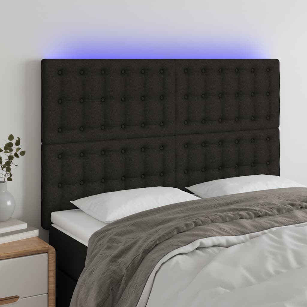 Tăblie de pat cu LED, negru, 144x5x118/128 cm, textil