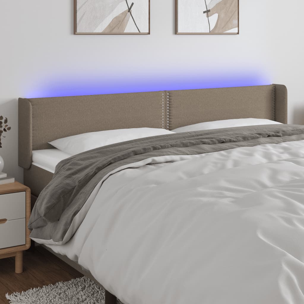 Tăblie de pat cu LED, gri taupe, 203x16x78/88 cm, textil