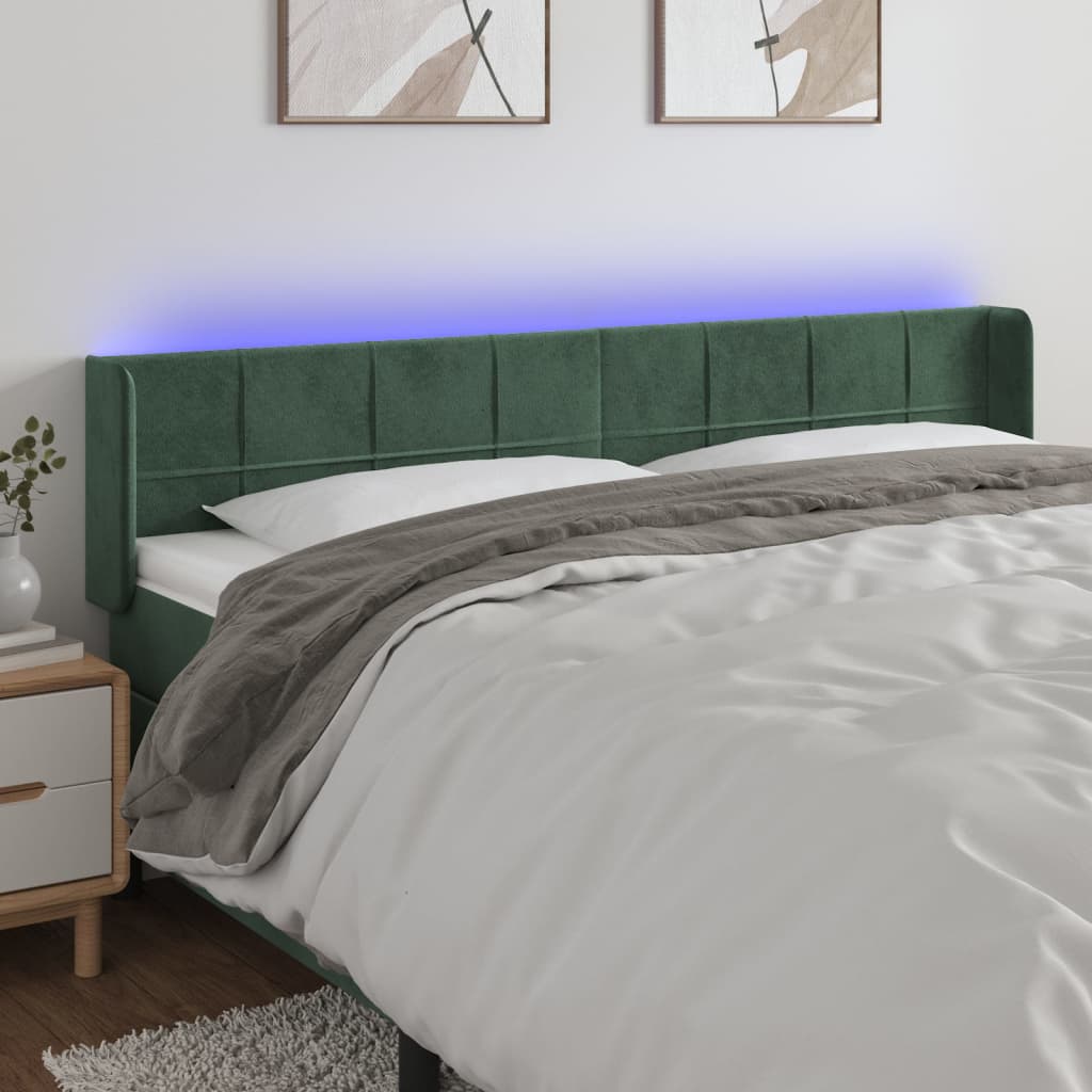 Tăblie de pat cu LED, verde închis, 163x16x78/88 cm, catifea