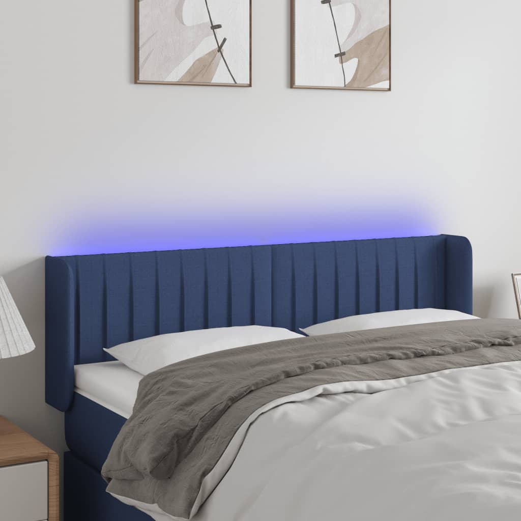 Tăblie de pat cu LED, albastru, 147x16x78/88 cm, textil