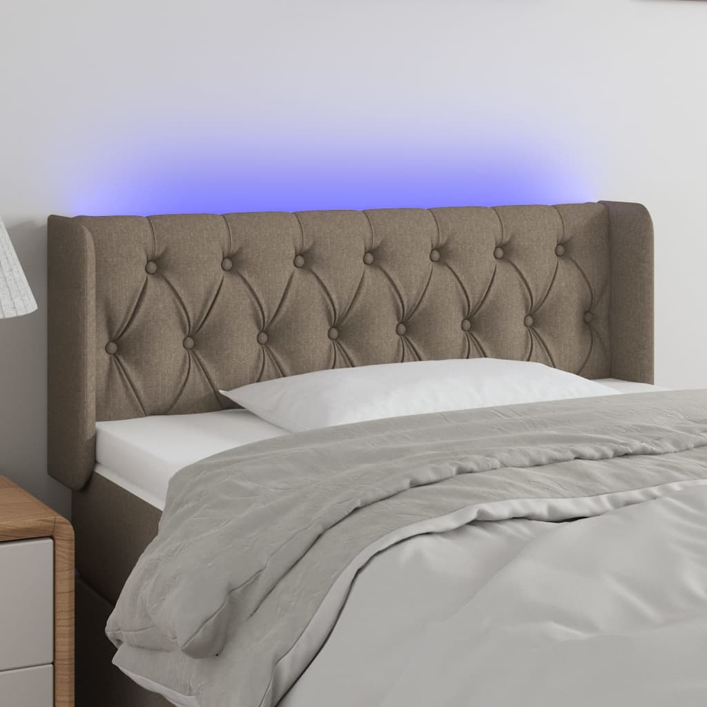 Tăblie de pat cu LED, gri taupe, 103x16x78/88 cm, textil