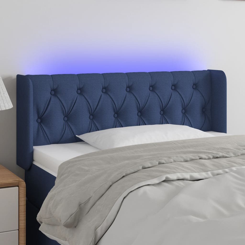 Tăblie de pat cu LED, albastru, 103x16x78/88 cm, textil