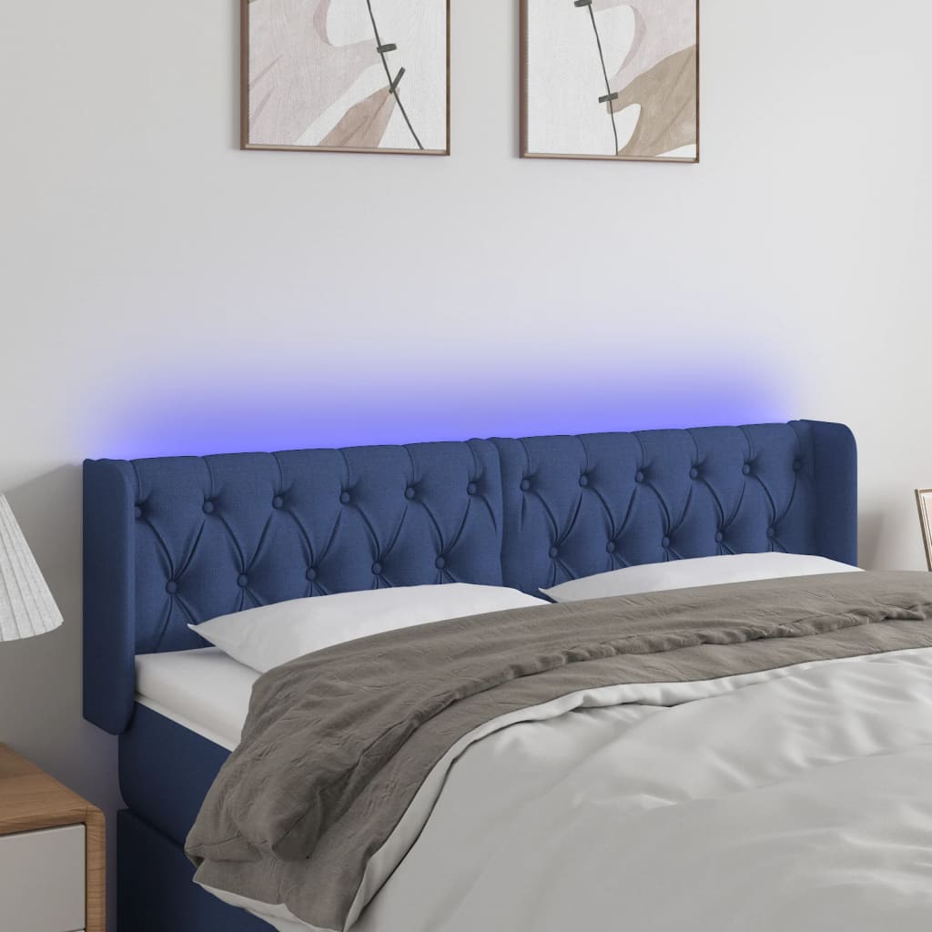 Tăblie de pat cu LED, albastru, 147x16x78/88 cm, textil