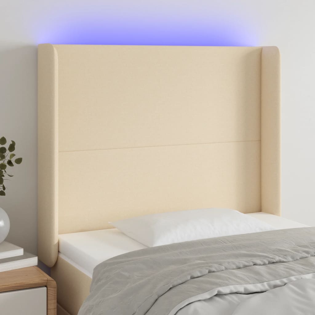 Tăblie de pat cu LED, crem, 103x16x118/128 cm, textil