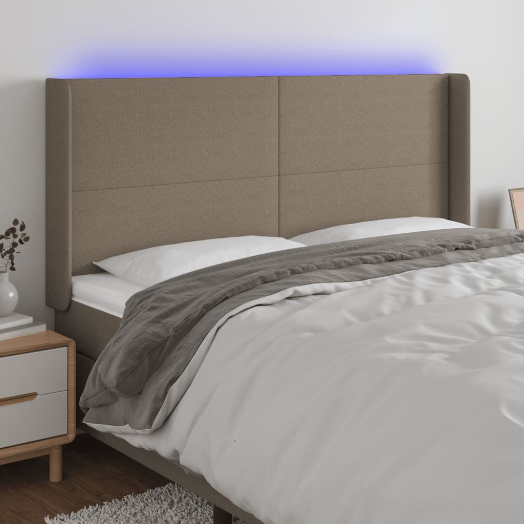 Tăblie de pat cu LED, gri taupe, 183x16x118/128 cm, textil
