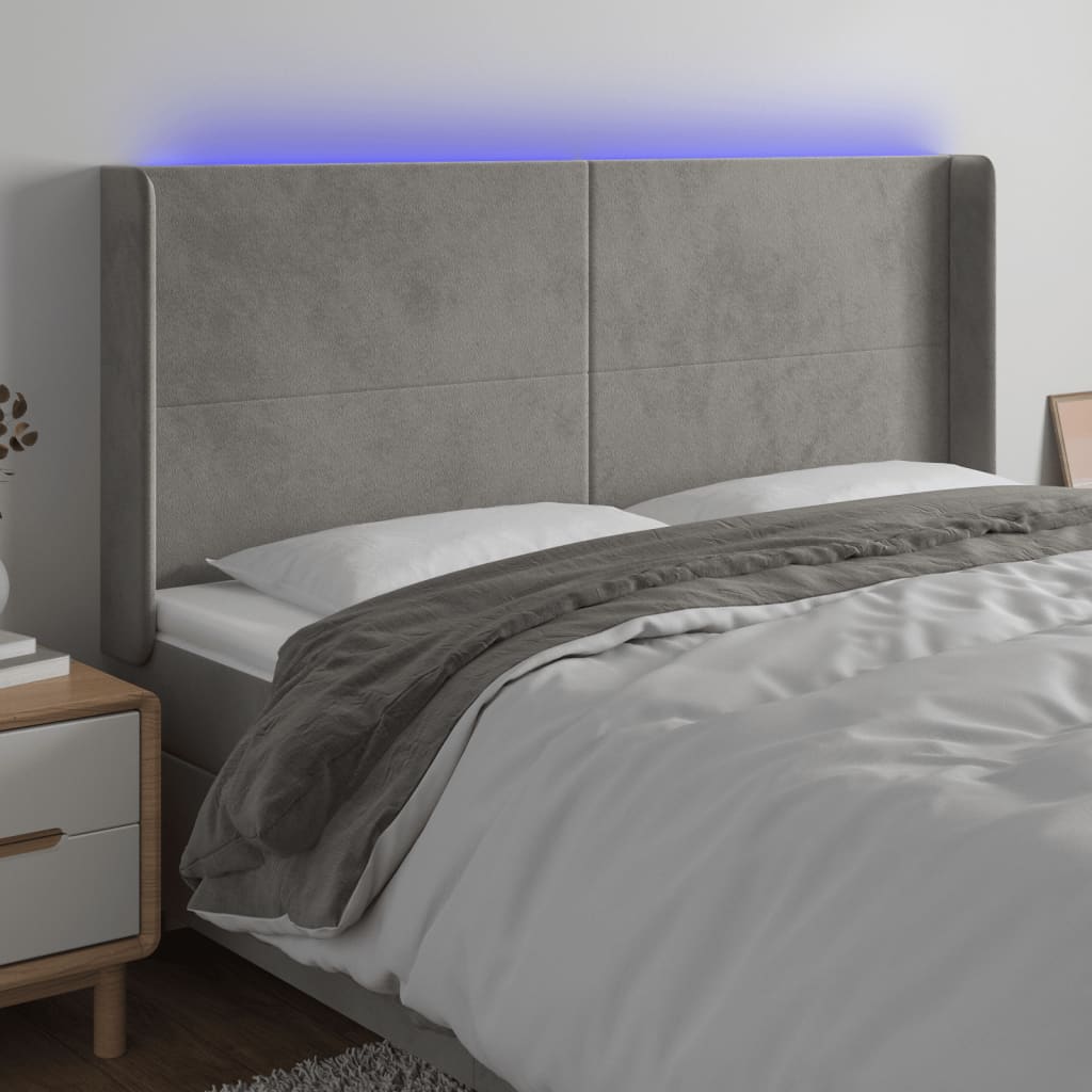 Tăblie de pat cu LED, gri deschis, 163x16x118/128 cm, catifea