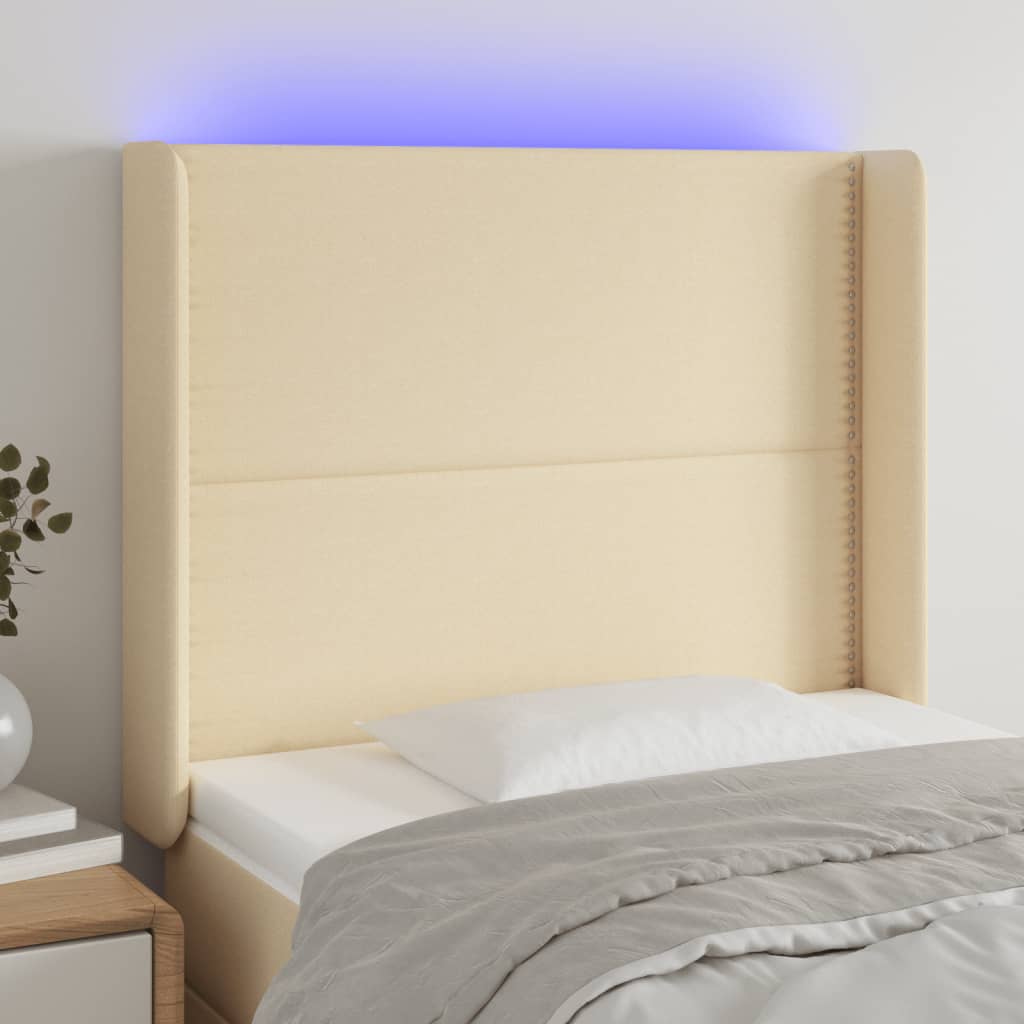 Tăblie de pat cu LED, crem, 93x16x118/128 cm, textil