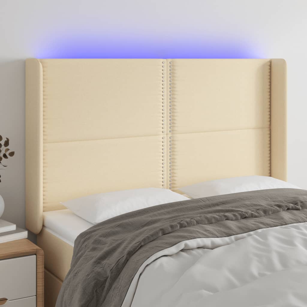Tăblie de pat cu LED, crem, 147x16x118/128 cm, textil