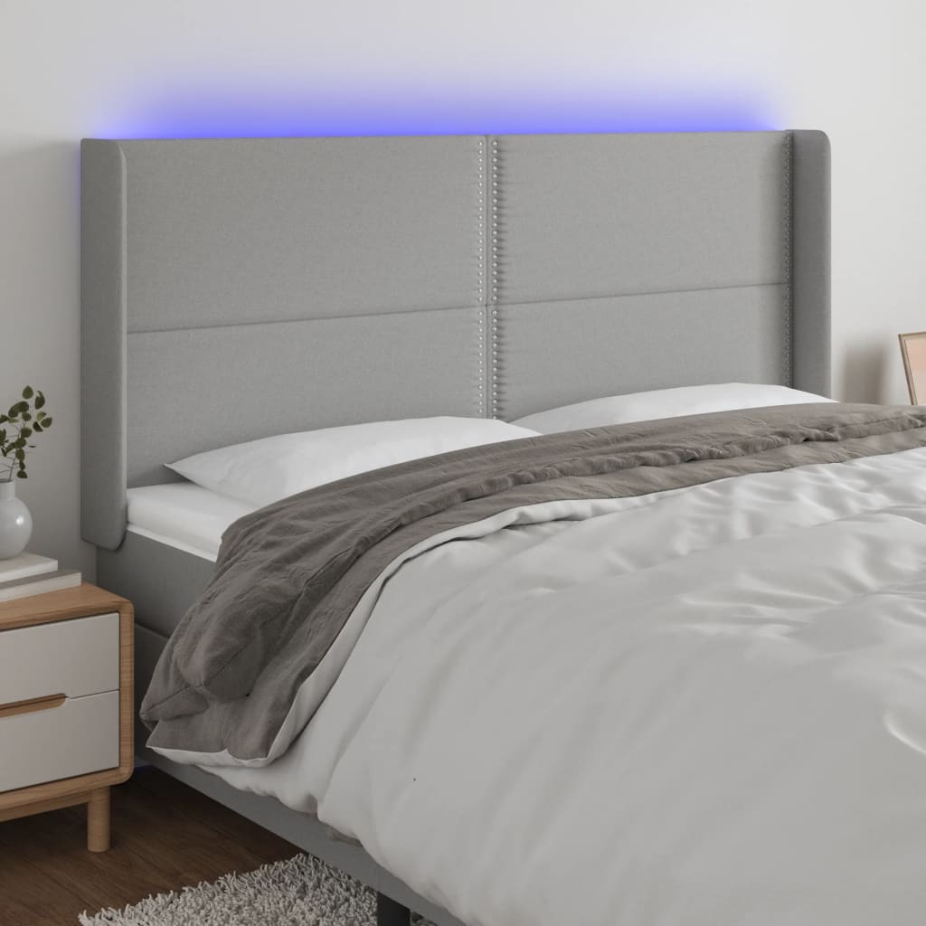 Tăblie de pat cu LED, gri deschis, 163x16x118/128 cm, textil