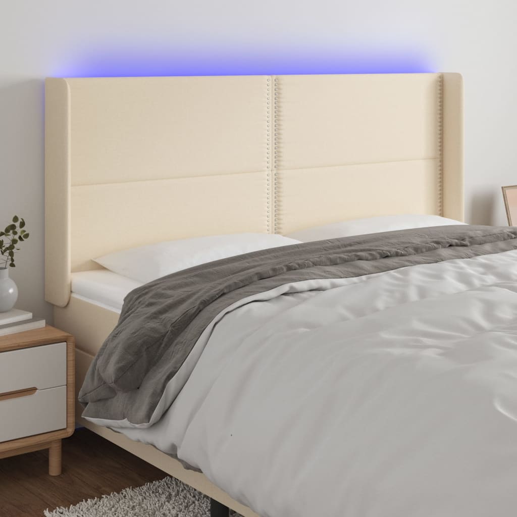 Tăblie de pat cu LED, crem, 183x16x118/128 cm, textil