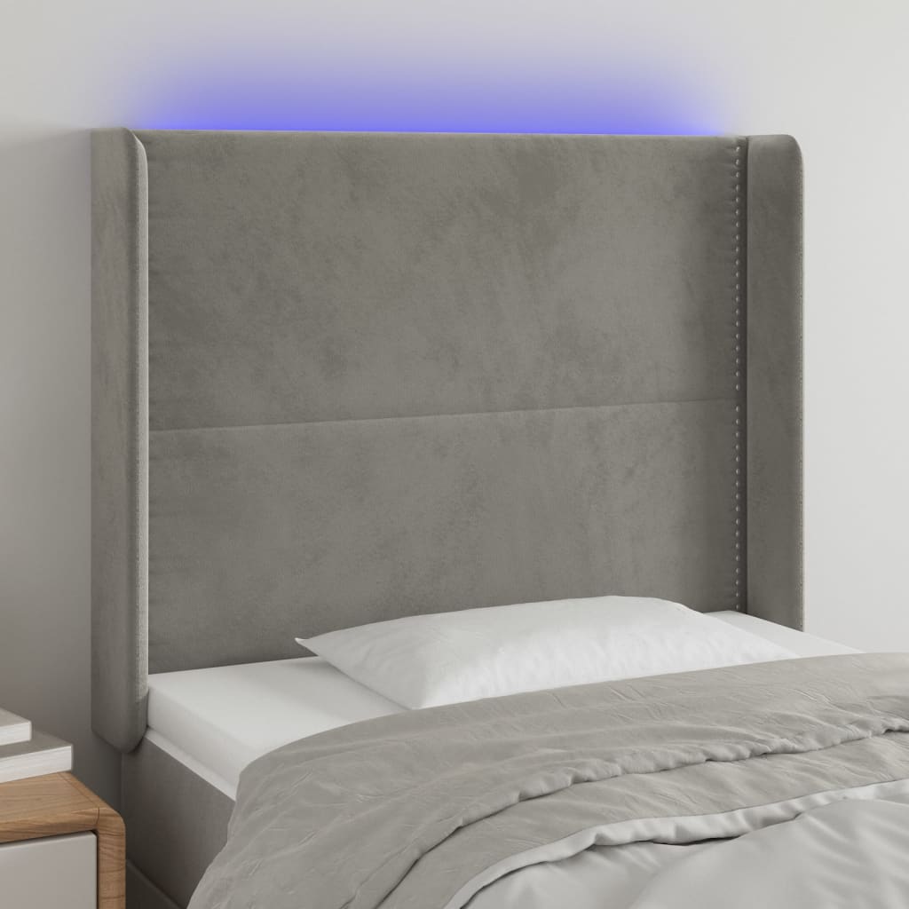 Tăblie de pat cu LED, gri deschis, 83x16x118/128 cm, catifea