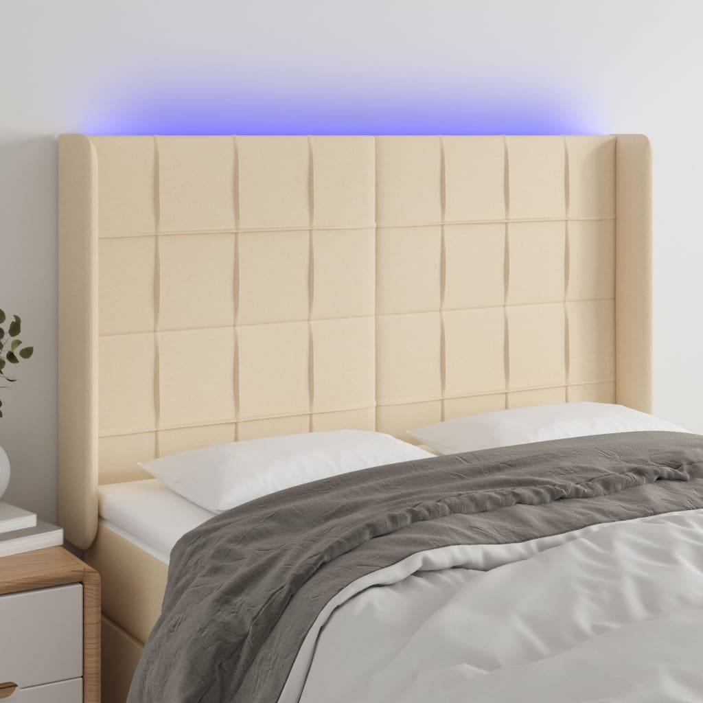 Tăblie de pat cu LED, crem, 147x16x118/128 cm, textil